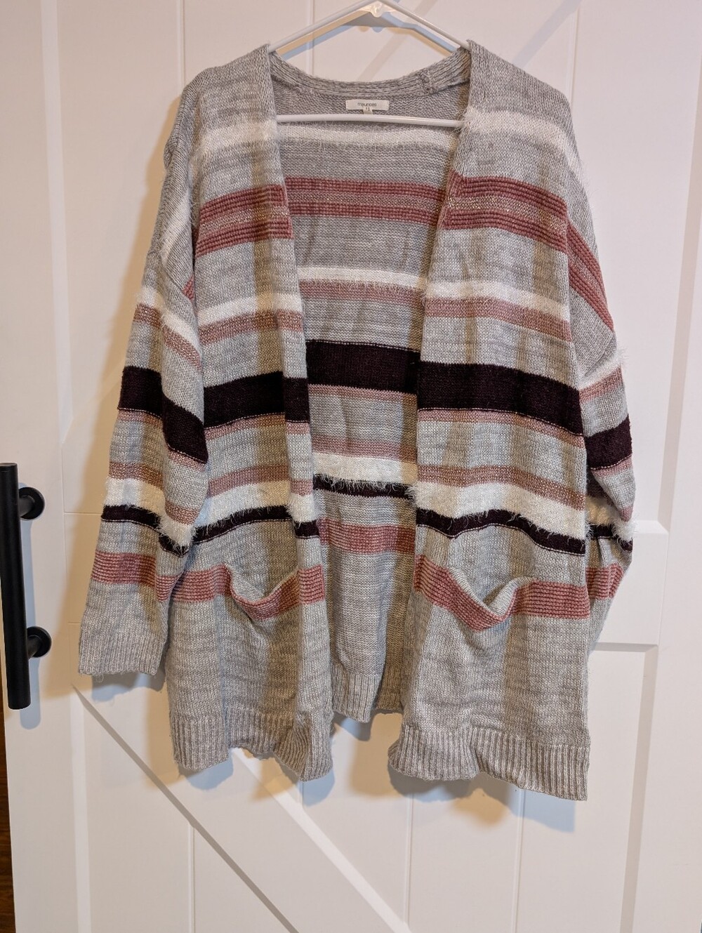 Maurices Open-Front Striped Cardigan in Gray, Pink and Maroon